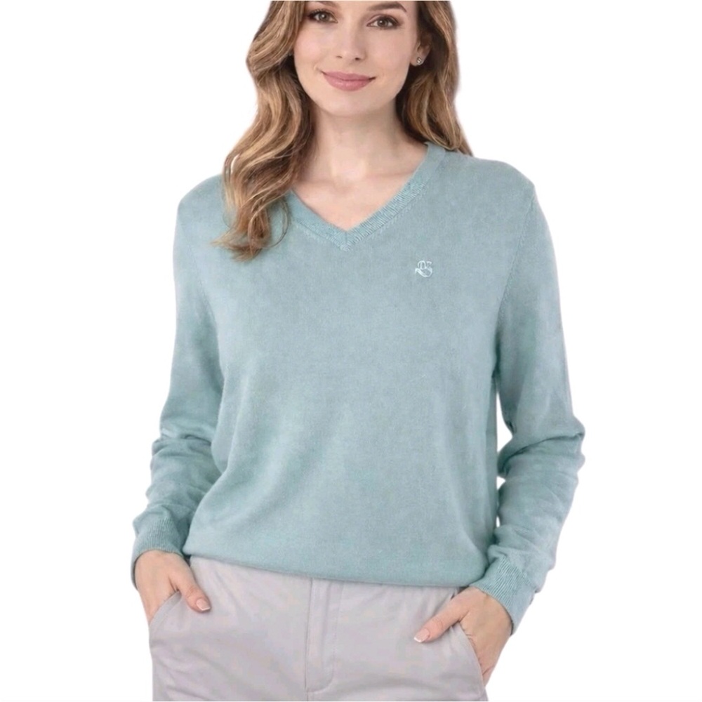 G Fore Womens Sweater Size Medium Pure Cashmere Green Long Sleeve V Neck